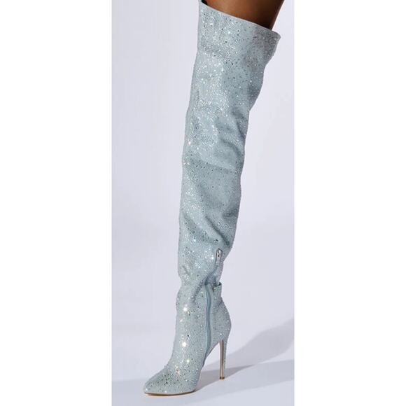 AZALEA WANG Jinny Embellished Thigh High Denim Chap Silver Boots Size 7 NWB - Picture 6 of 8